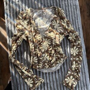 Free People Floral Ruched Blouse in Cream and Brown